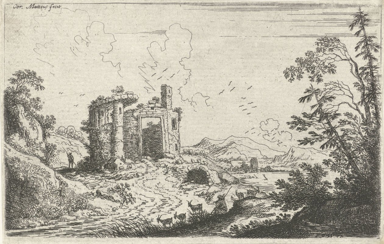Landschap met een geitenhoeder door Cornelis Matthieu