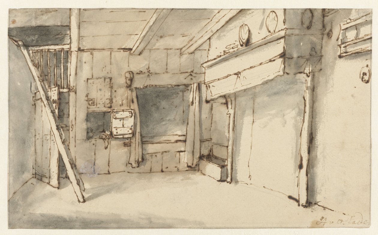 Lege kamer met een haard door Cornelis Pietersz. Bega (attributed to)