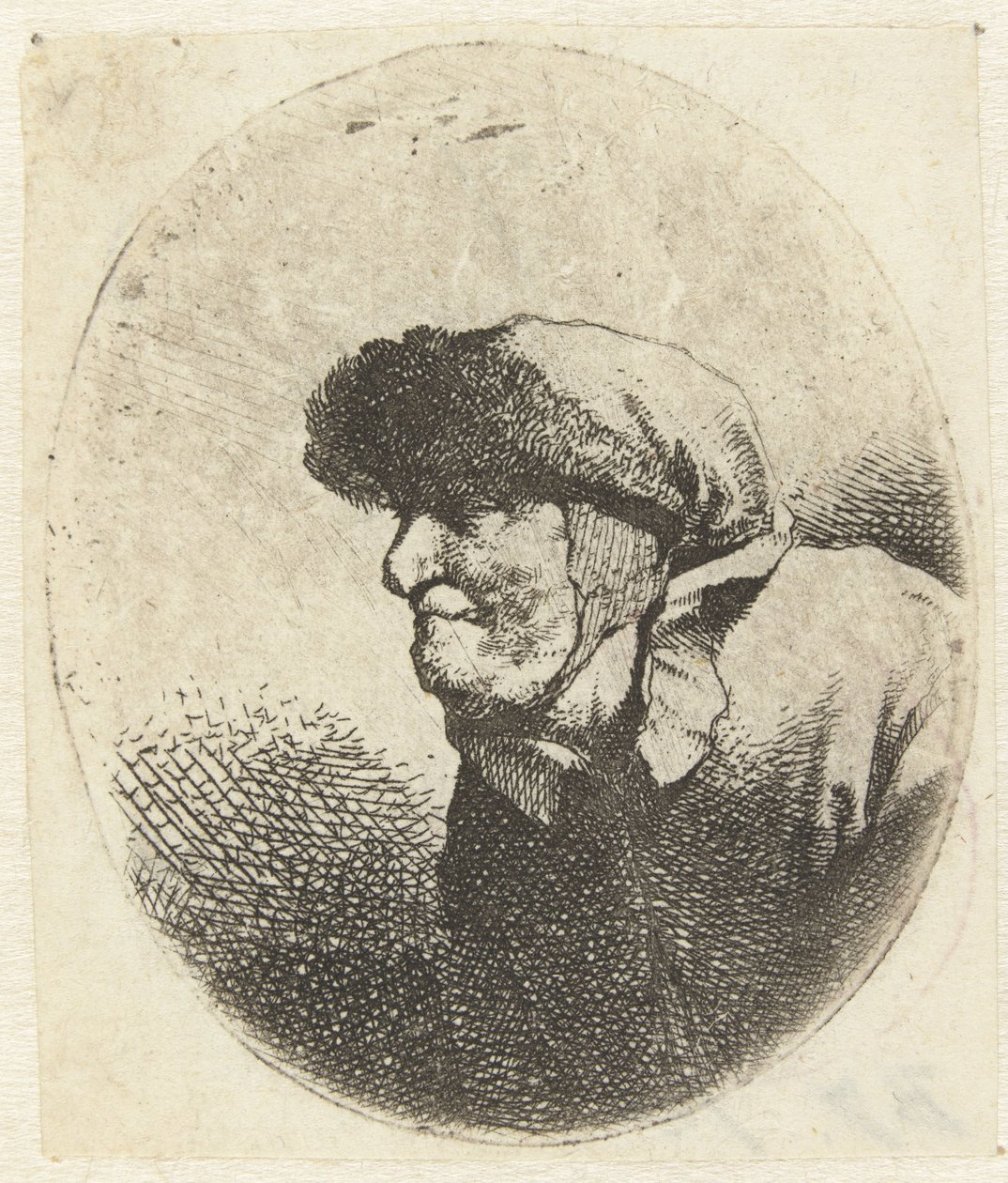 Buste van een oude vrouw, en profil door Cornelis Pietersz. Bega
