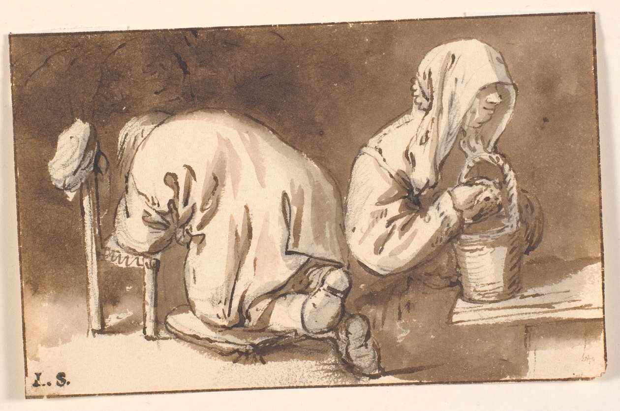 Een knielende man en een vrouw met een mand door Cornelis Pietersz Bega