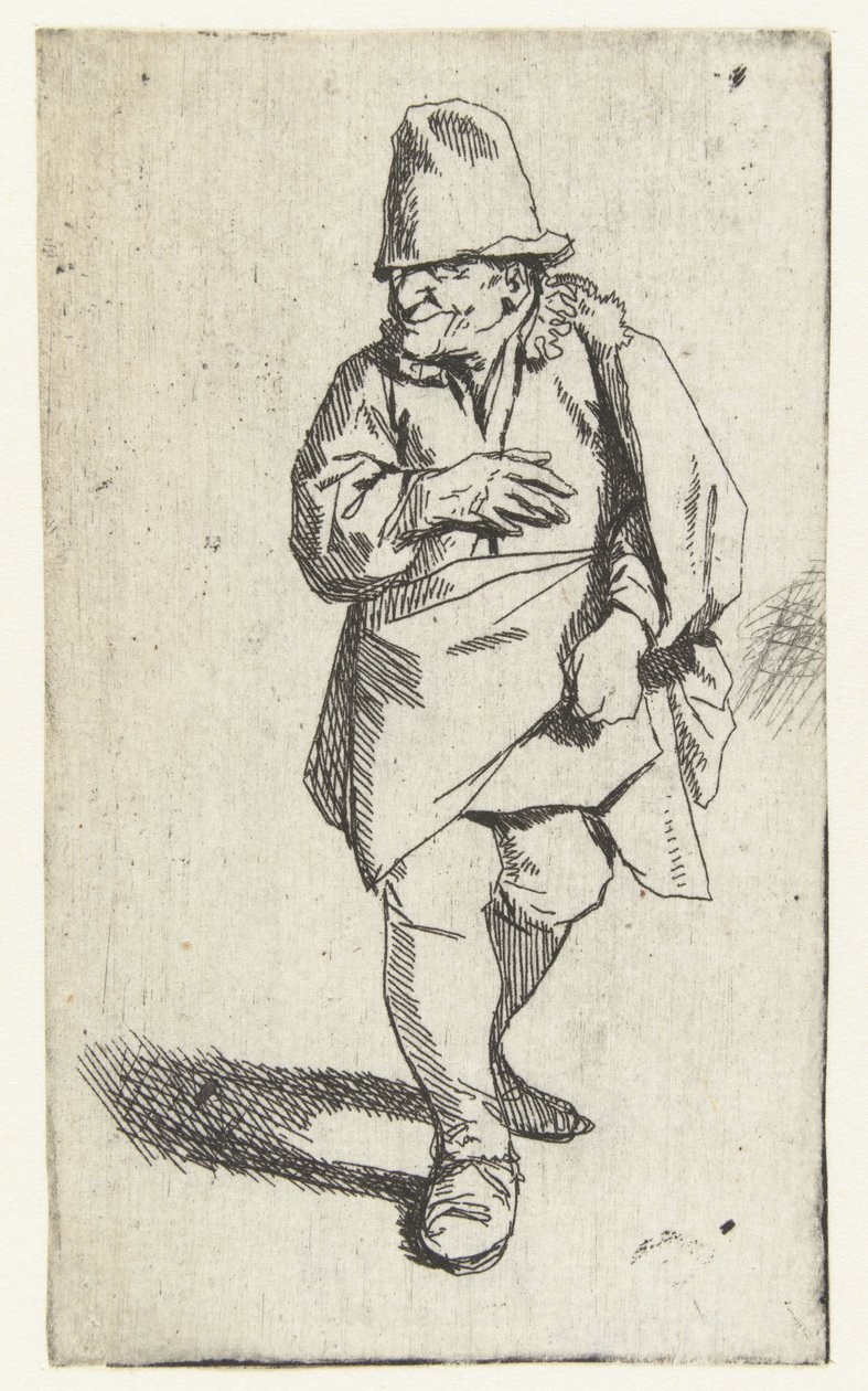 Staande man met hoge hoed of muts, rechterhand voor borst door Cornelis Pietersz. Bega
