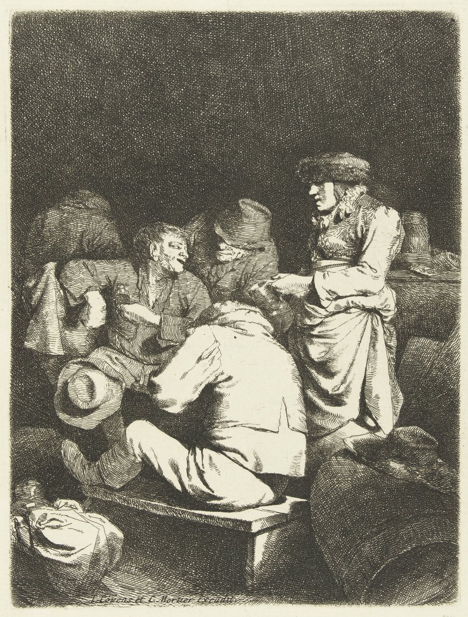 Waardin en gezelschap in herberg door Cornelis Pietersz. Bega