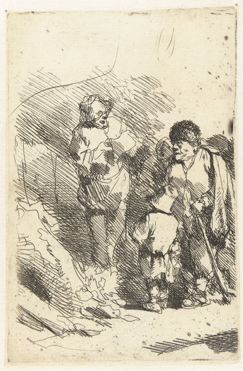 Zingende man en luisterend publiek onder wie kind en man door Cornelis Pietersz. Bega