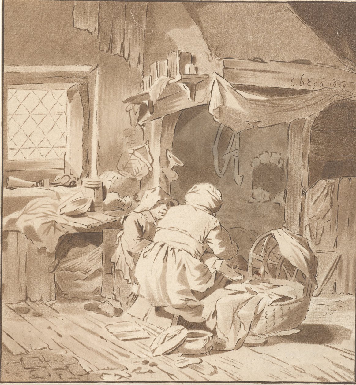 Boereninterieur met twee vrouwen door Cornelis Ploos van Amstel (signed by artist)