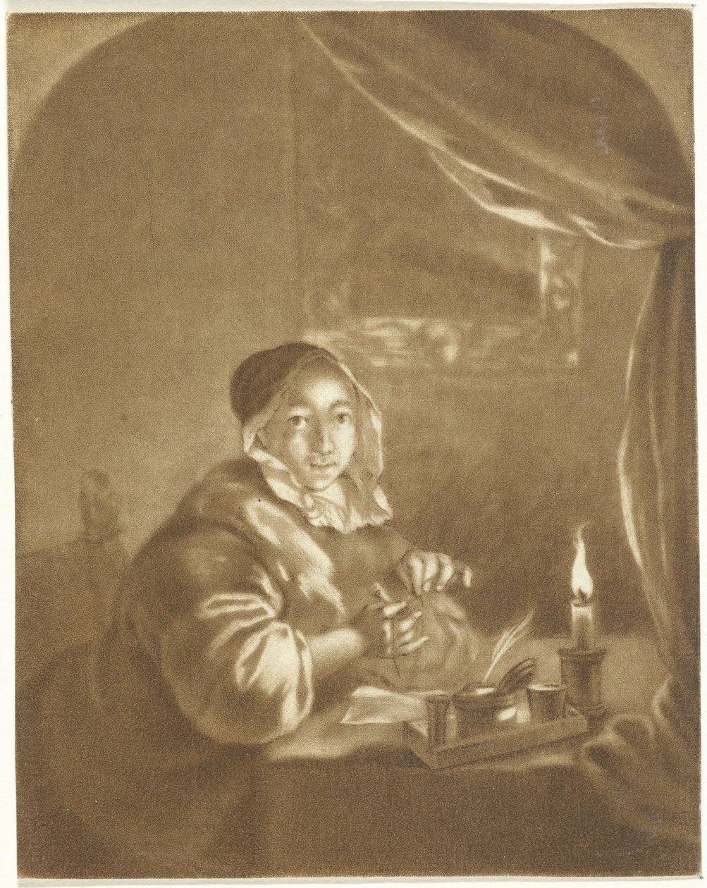 Dame bij kaarslicht door Cornelis Ploos van Amstel (signed by artist)