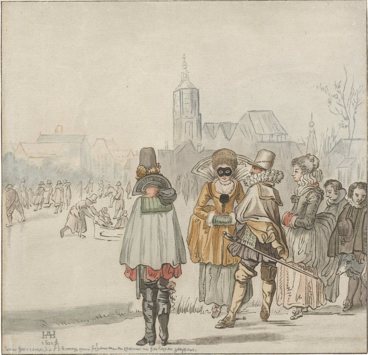 Elegant gezelschap op het ijs door Cornelis Ploos van Amstel (signed by artist)
