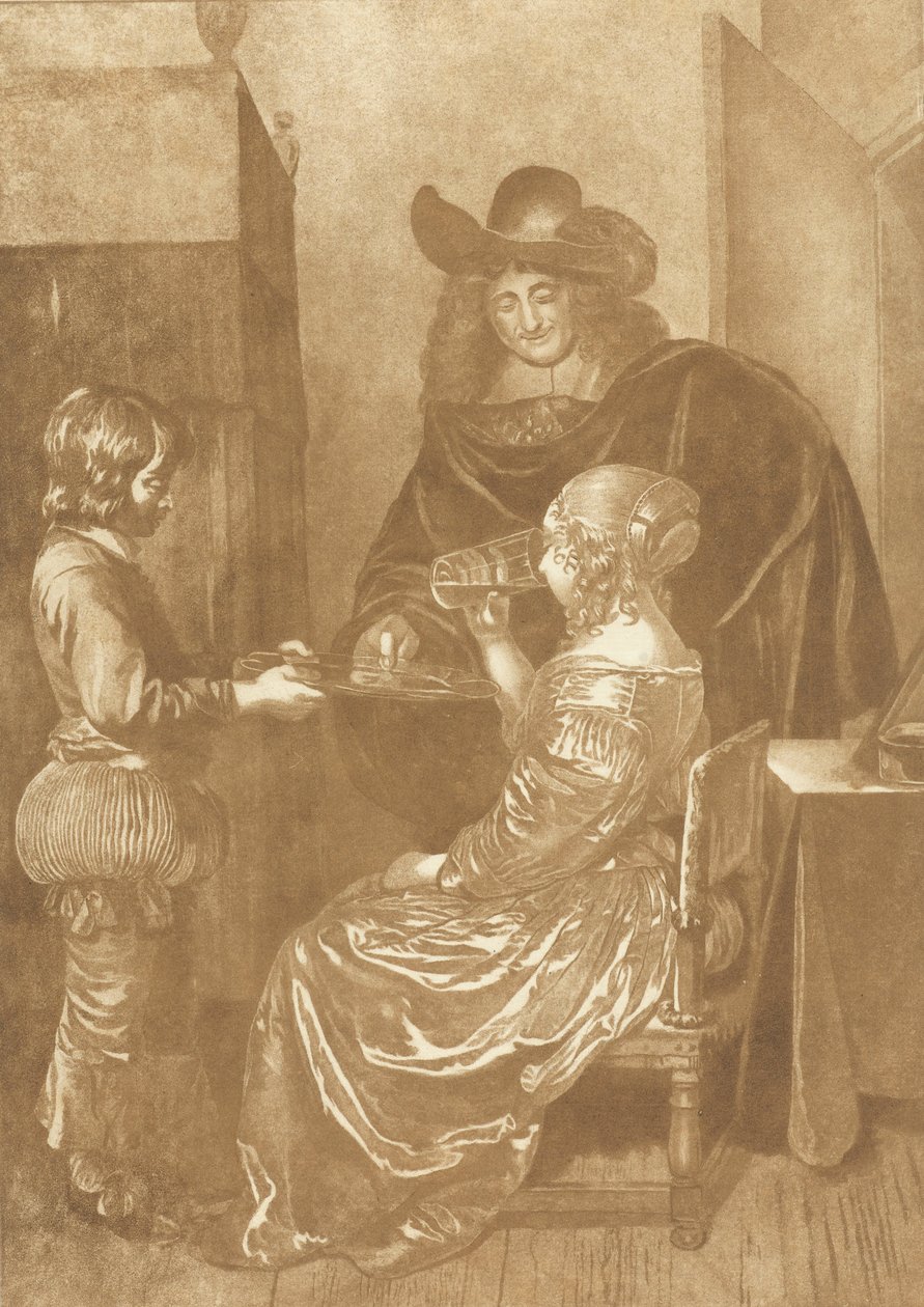 Heer en dame met page door Cornelis Ploos van Amstel (signed by artist)