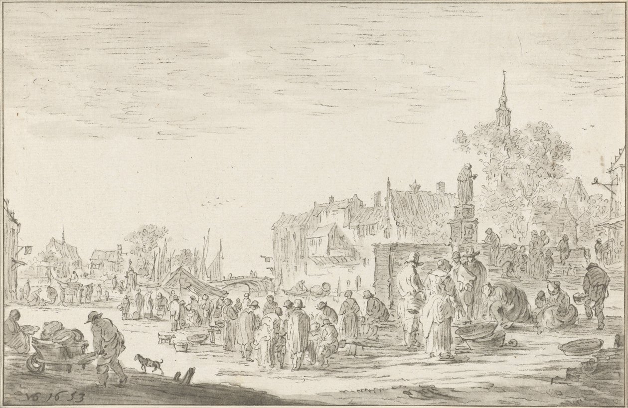 Vismarkt door Cornelis Ploos van Amstel (signed by artist)