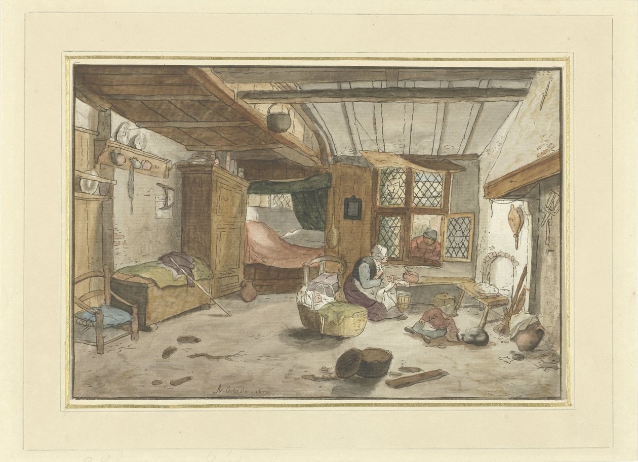 Interieur met vrouw bij wieg door Cornelis Ploos van Amstel