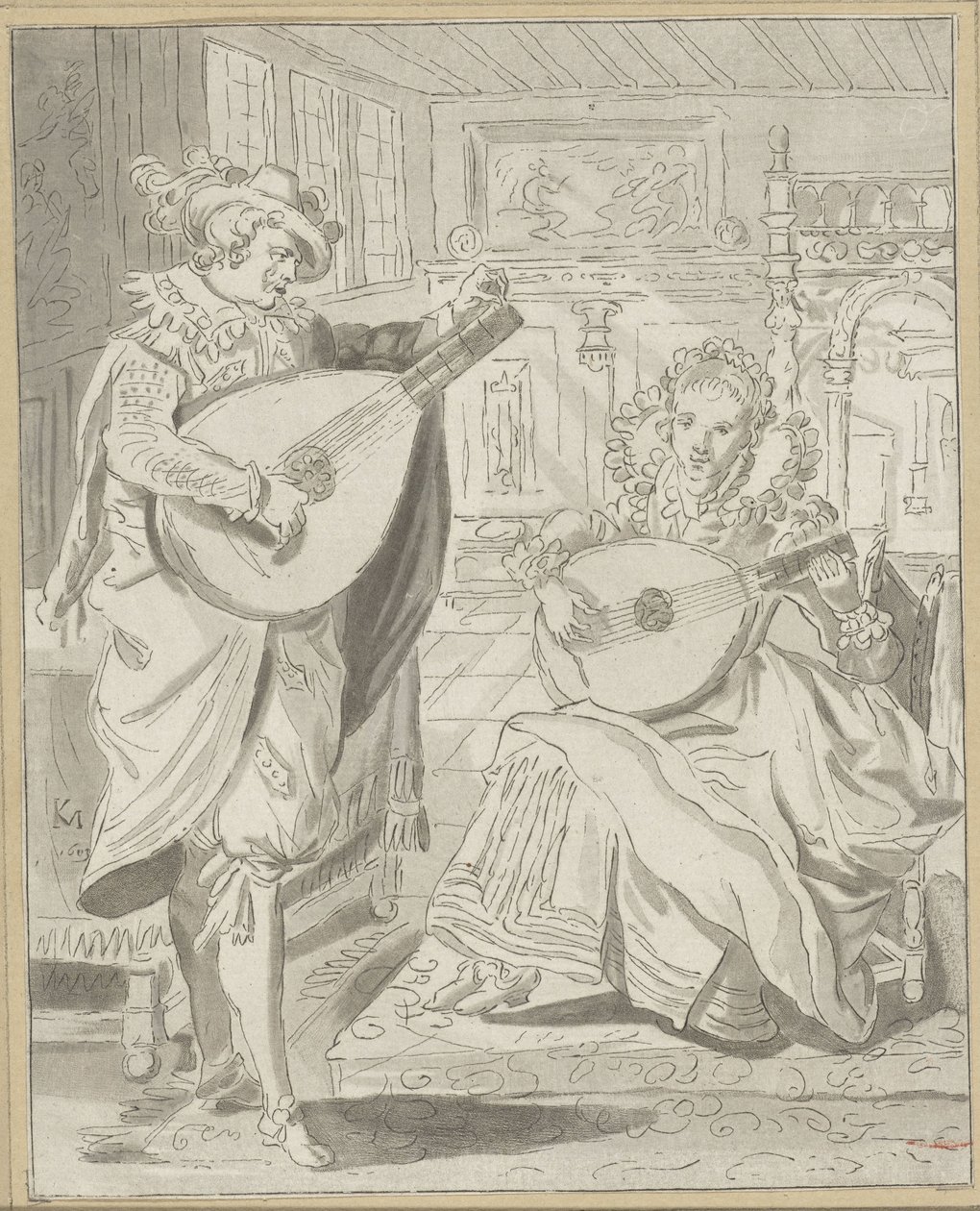 Luitspelende heer en dame door Cornelis Ploos van Amstel