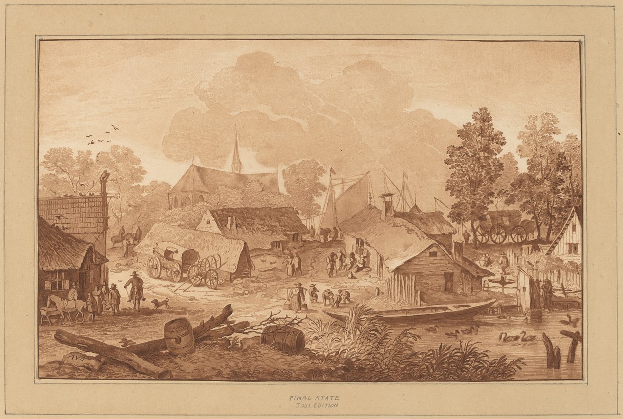 Dorp met vijver door Cornelis Ploos van Amstel