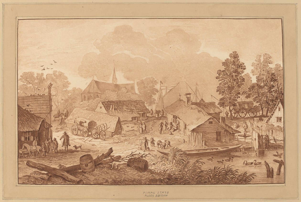 Dorp met vijver door Cornelis Ploos van Amstel