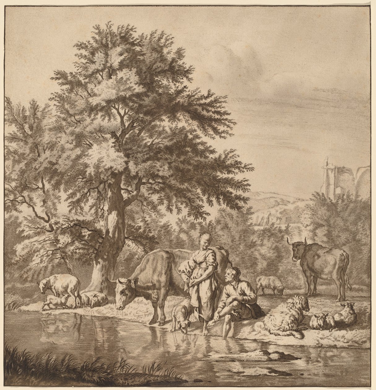 Herder en herderin met hun kudde door Cornelis Ploos van Amstel after Adriaen