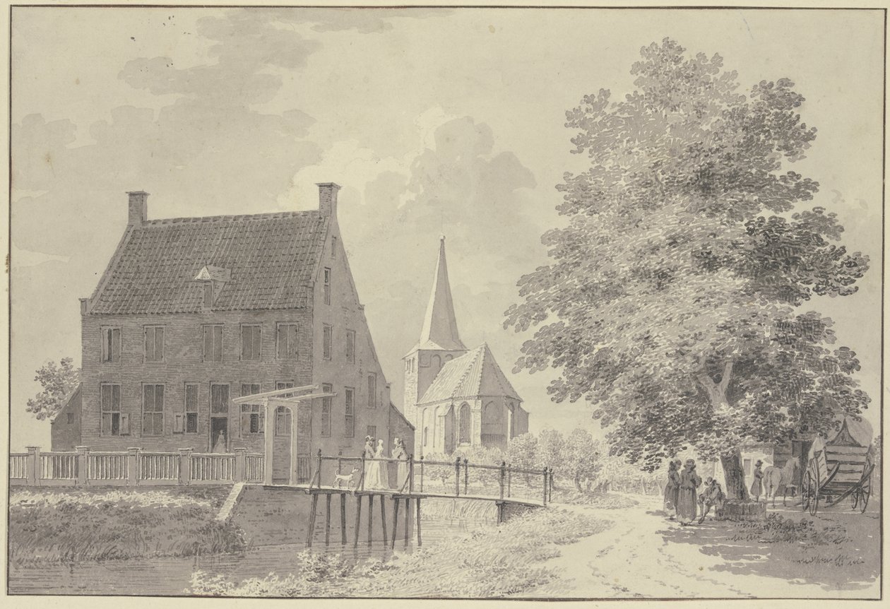 Huis met gracht en loopbrug, op de achtergrond de kerk, rechts een boom waaronder een wagen en verscheidene figuren staan door Cornelis Pronk