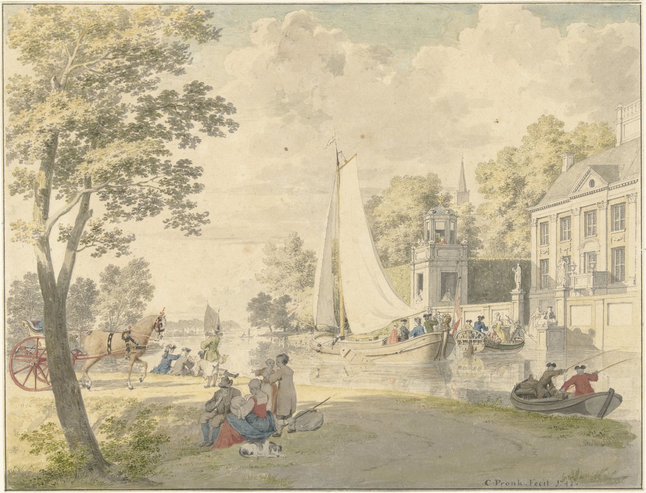Zomers landtafereel met plezierschepen door Cornelis Pronk