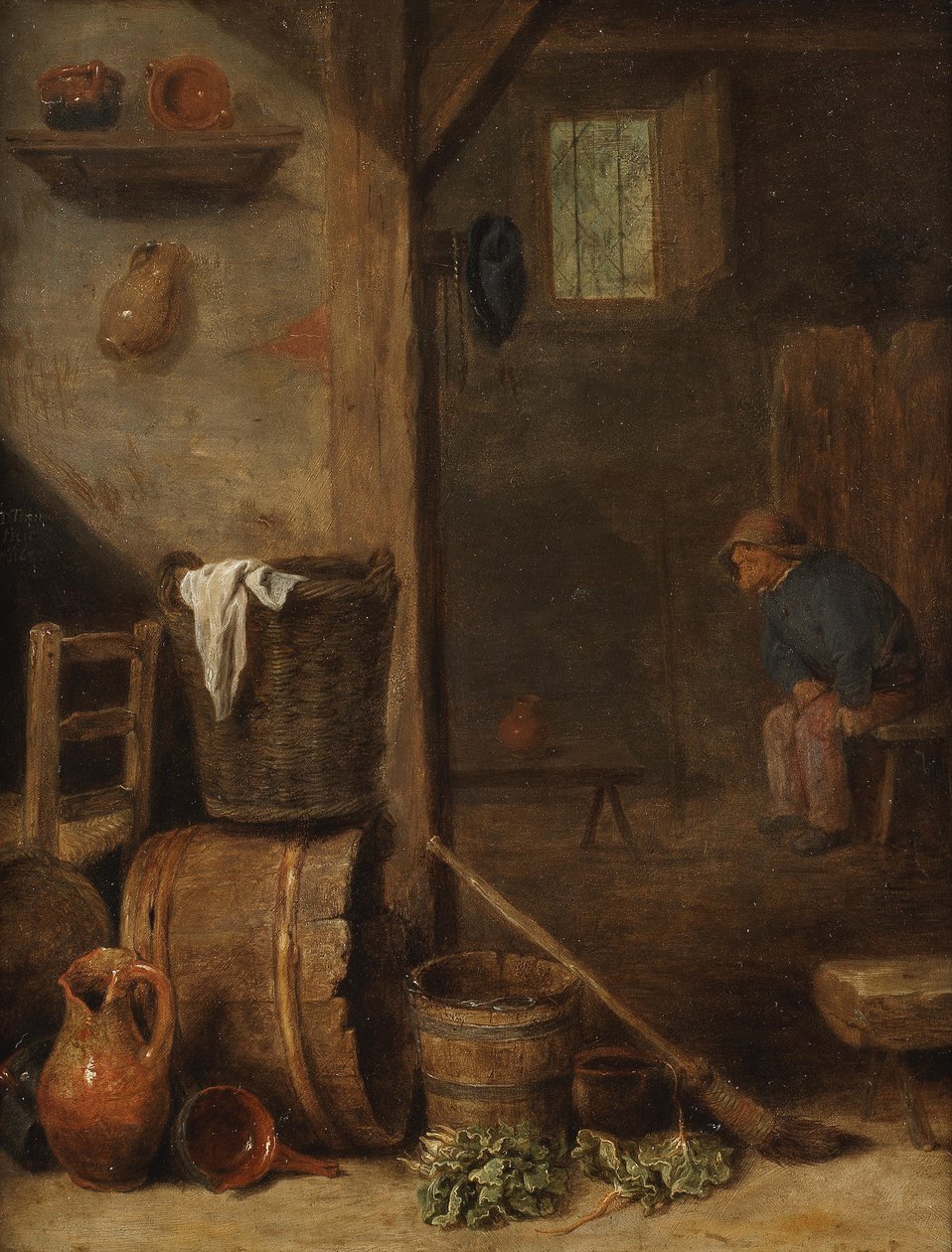 Een keukeninterieur met een figuur zittend in de aangrenzende kamer door Cornelis Saftleven