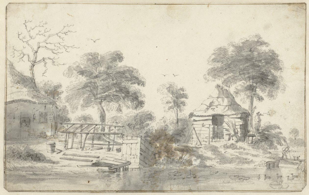 Boerderij met schuur aan het water door Cornelis Saftleven
