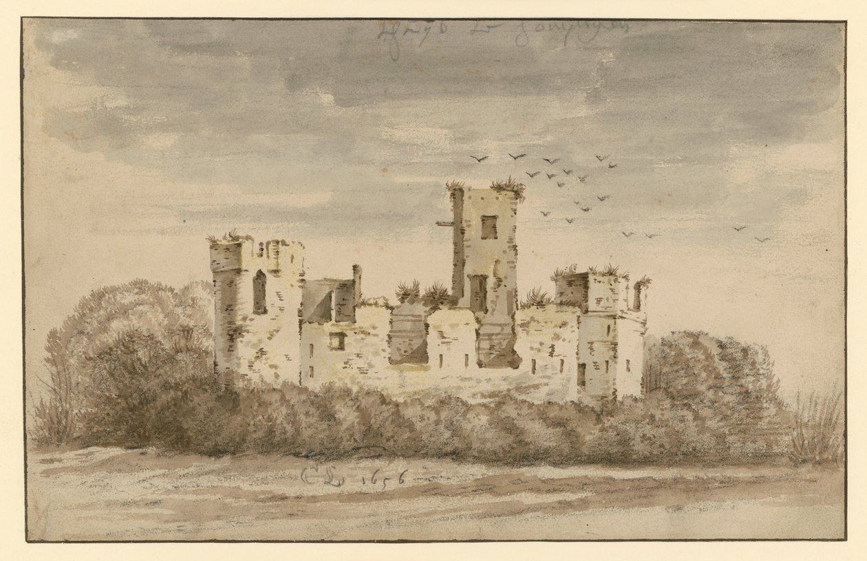 Kasteelruïne, overwoekerd door dicht struikgewas door Cornelis Saftleven