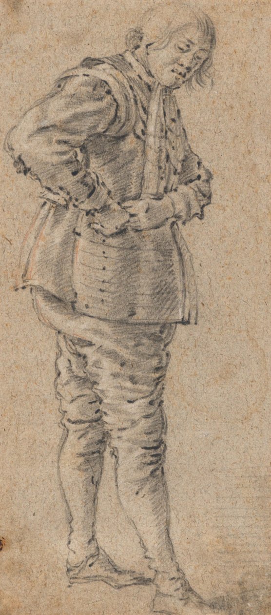 Een staande man die een harnas aantrekt door Cornelis Saftleven