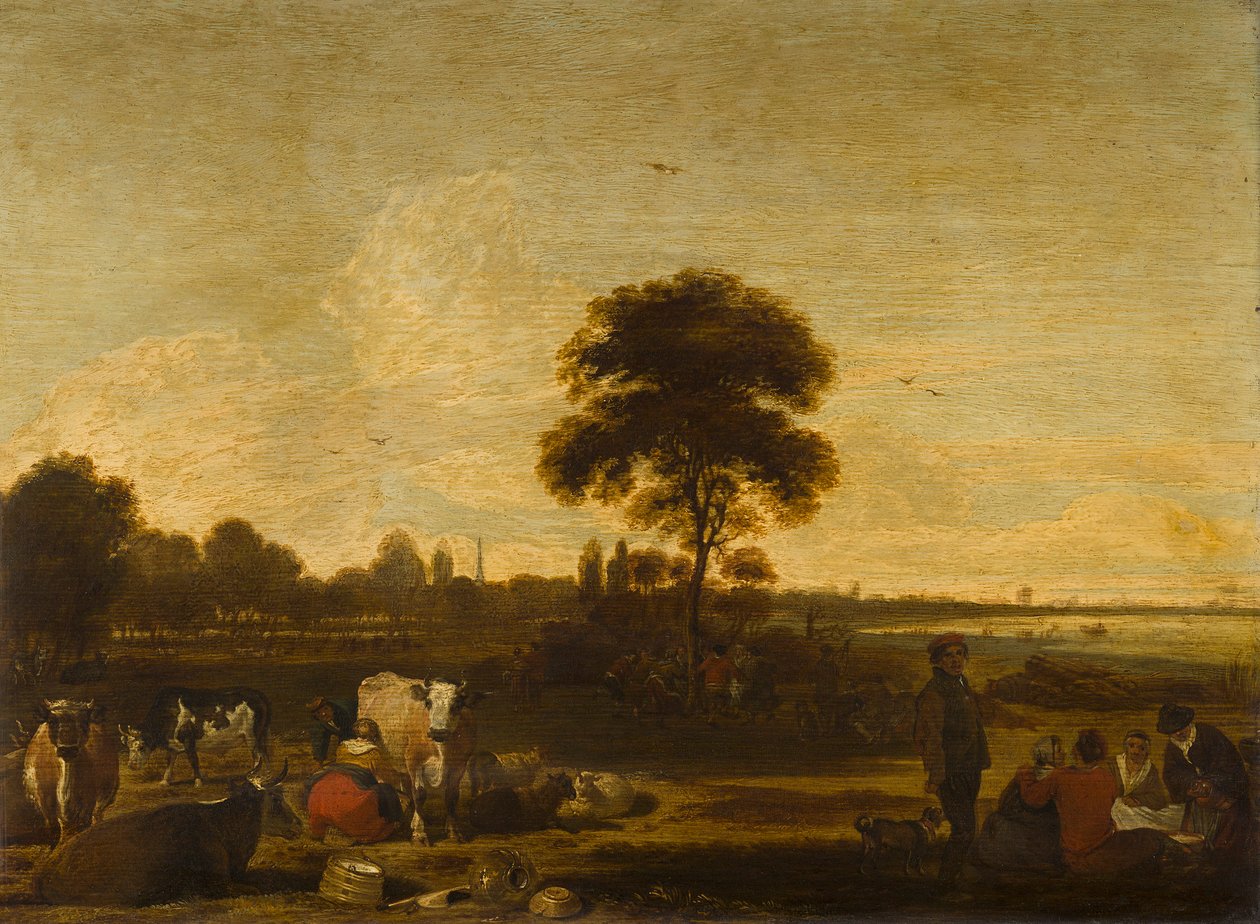 Landschap met herders en runderen door Cornelis Saftleven