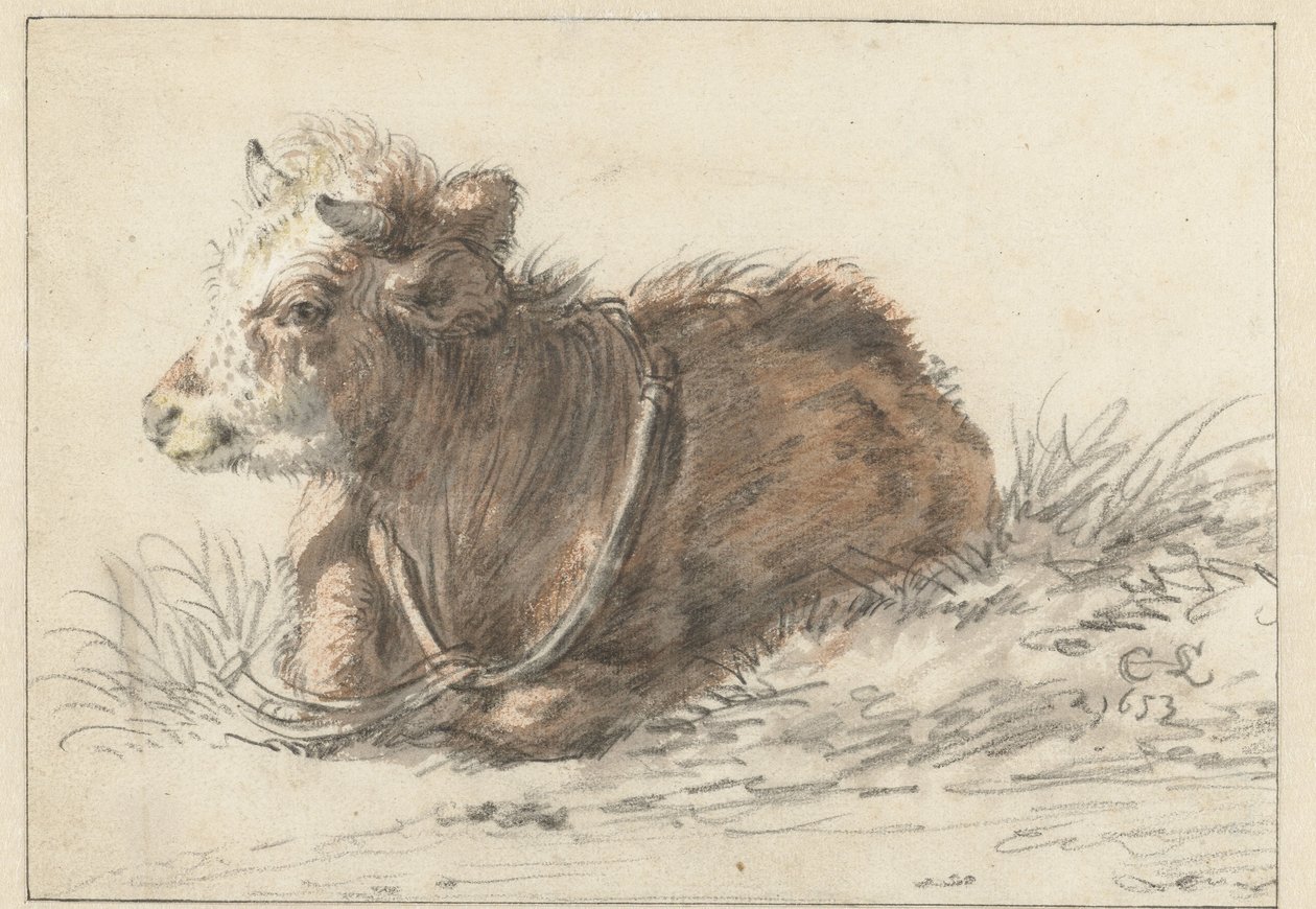 Liggend kalf, naar links door Cornelis Saftleven