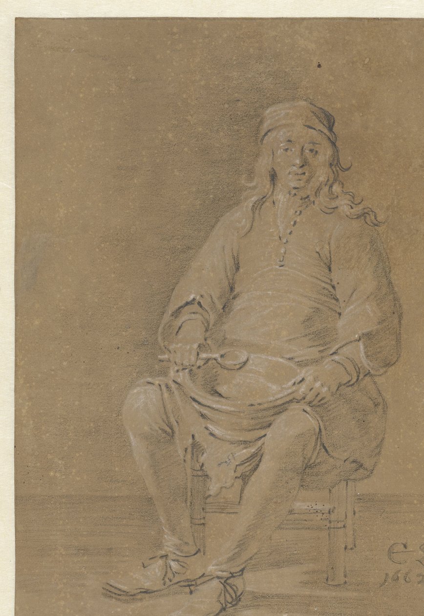 Zittende man met een kom op schoot door Cornelis Saftleven