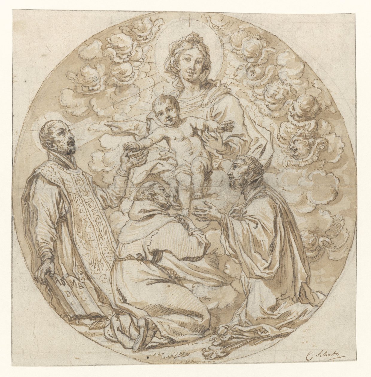 Maria met kind aanbeden door H. Ignatius van Loyola, H. Franciscus Xaverius en heilige monnik door Cornelis Schut (I)