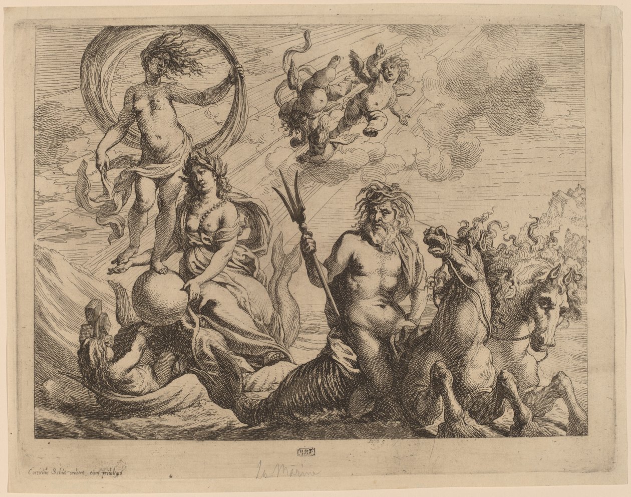 Neptunus met Twee Paarden op Zee door Cornelis Schut I