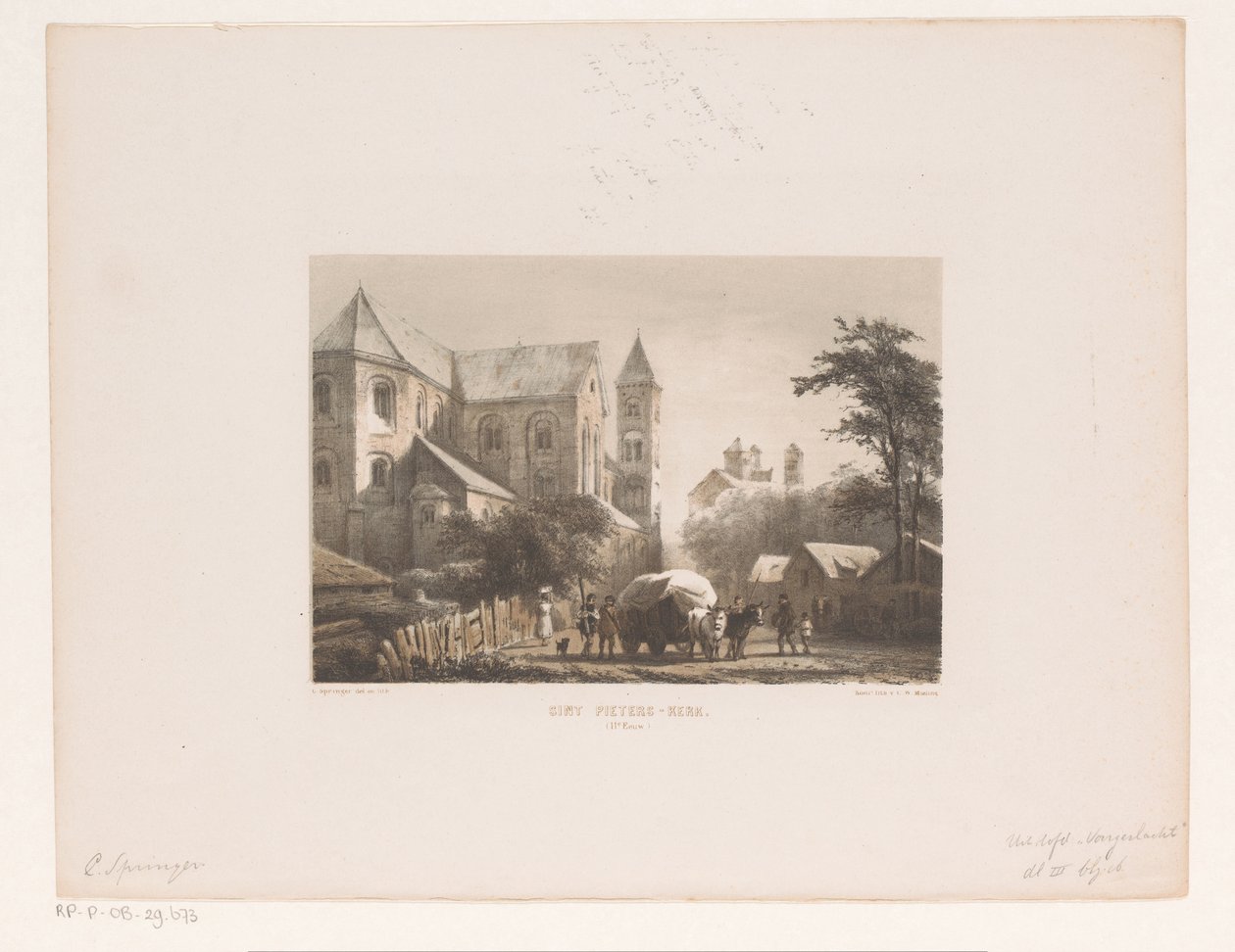 Runderen met wagen voor elfde-eeuwse kerk door Cornelis Springer