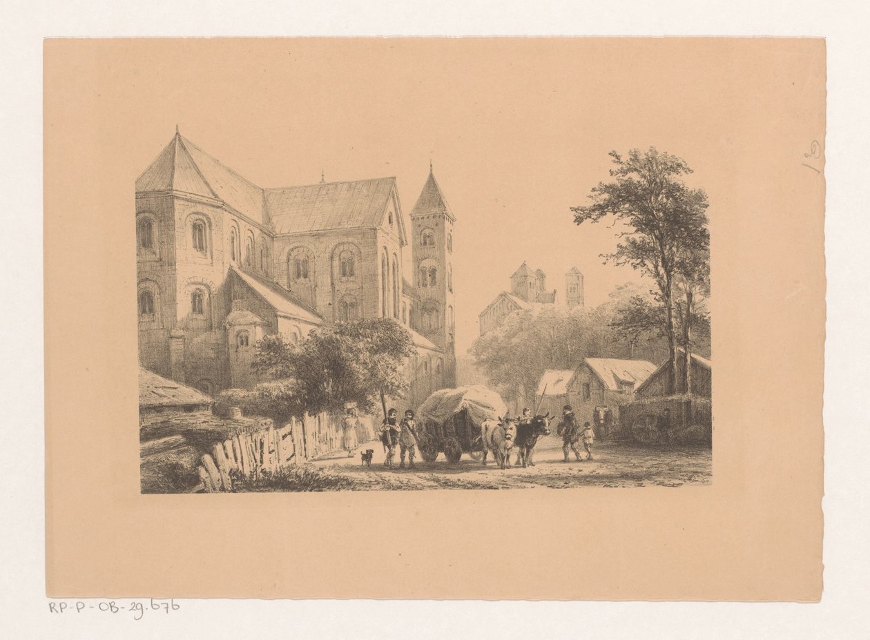 Runderen met wagen voor elfde-eeuwse kerk door Cornelis Springer
