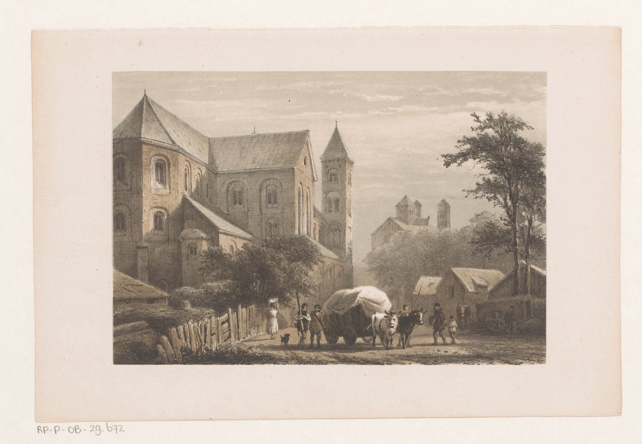 Runderen met wagen voor elfde-eeuwse kerk door Cornelis Springer