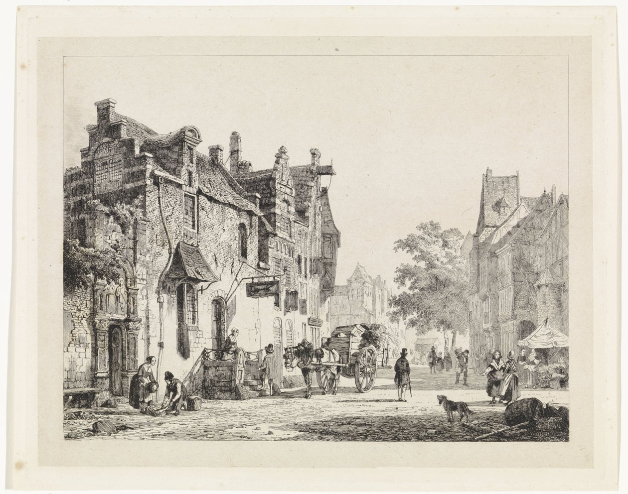 Stadsgezicht met paardenkar door Cornelis Springer