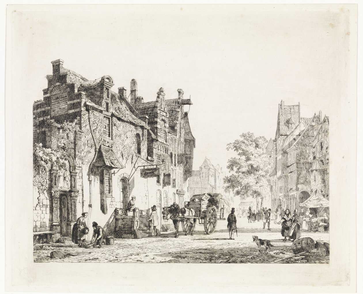 Stadsgezicht met paardenkar door Cornelis Springer