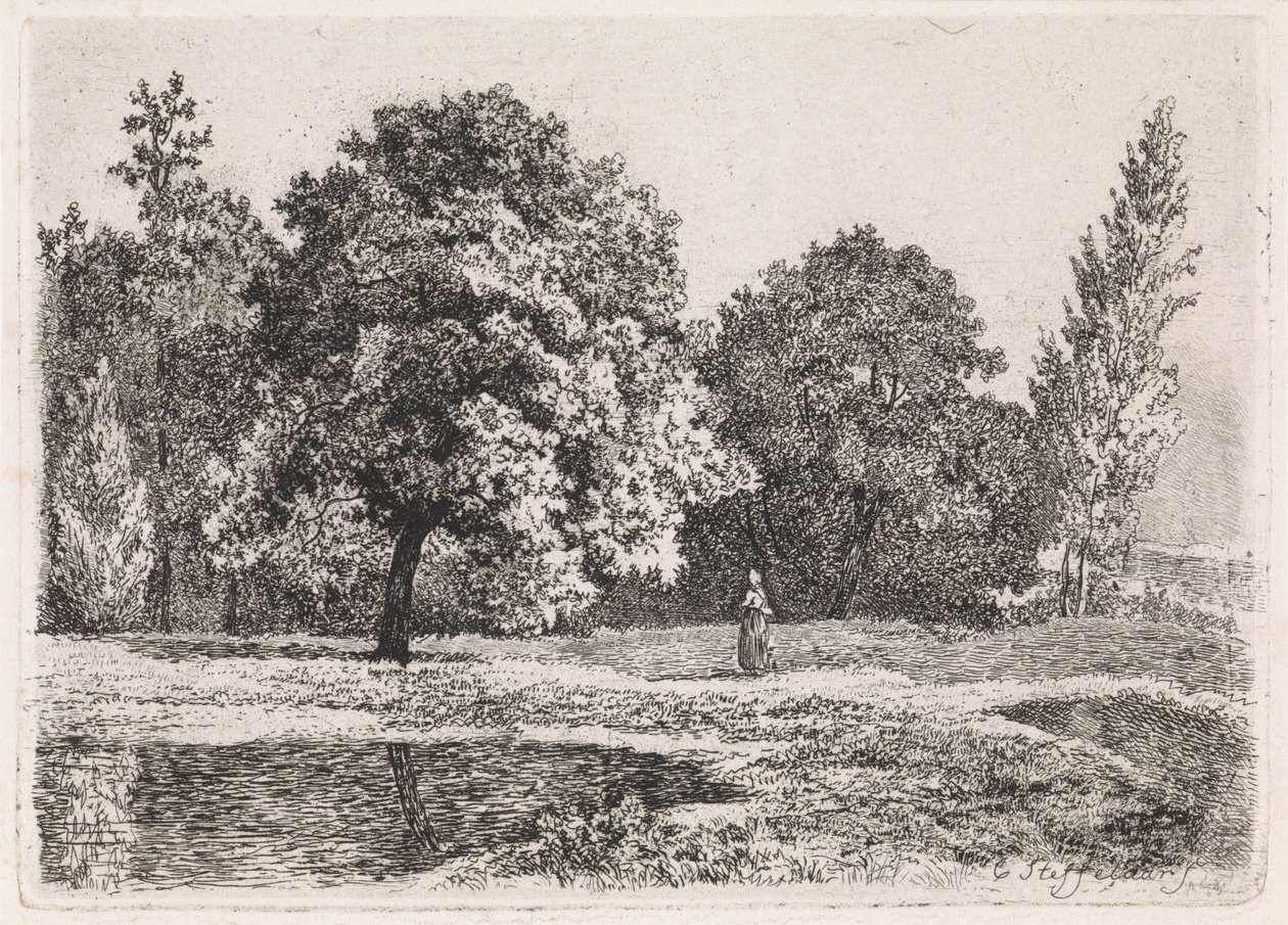 Landschap met bomen, meer en een vrouw door Cornelis Steffelaar