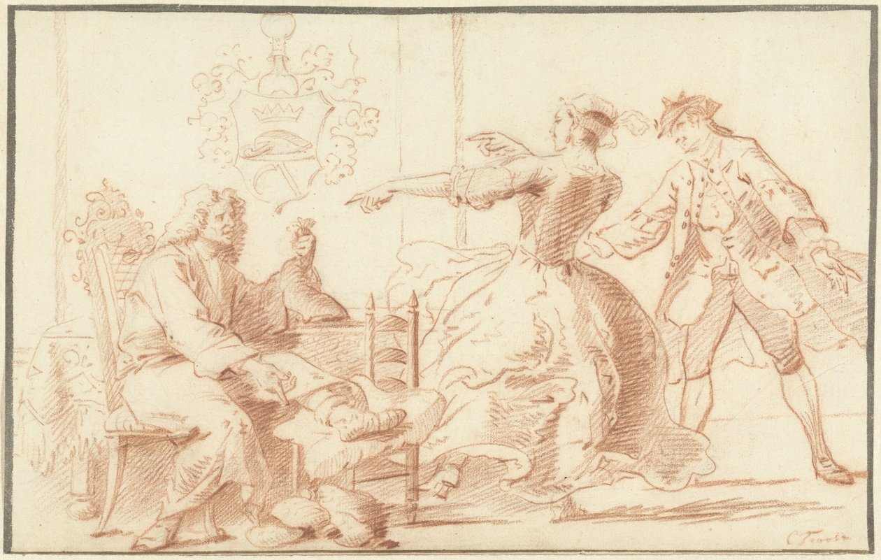De rijke podagralijder, uitgelachen door een jonge vrouw door Cornelis Troost