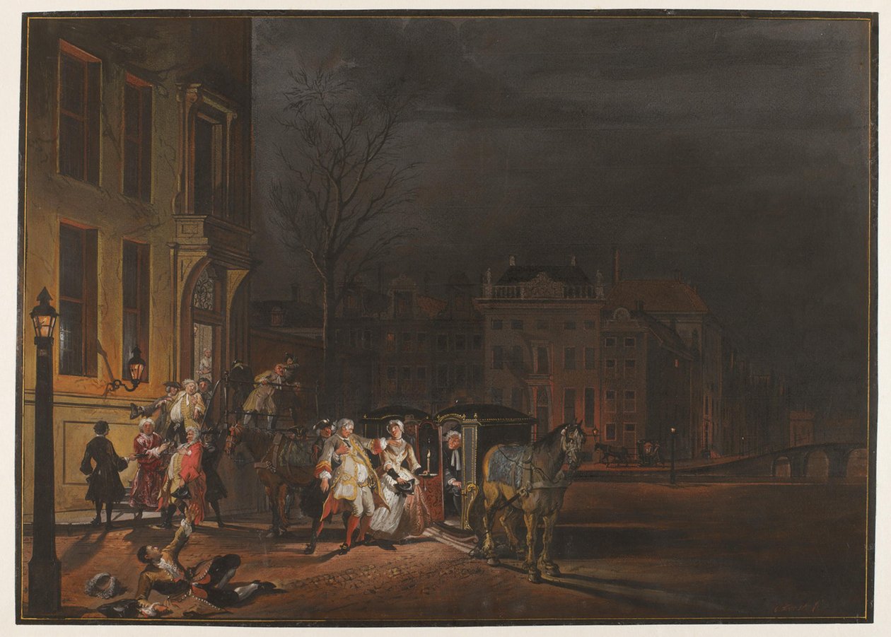 Het vertrek van een gezelschap aanzienlijke heren na een vrolijke avondpartij door Cornelis Troost