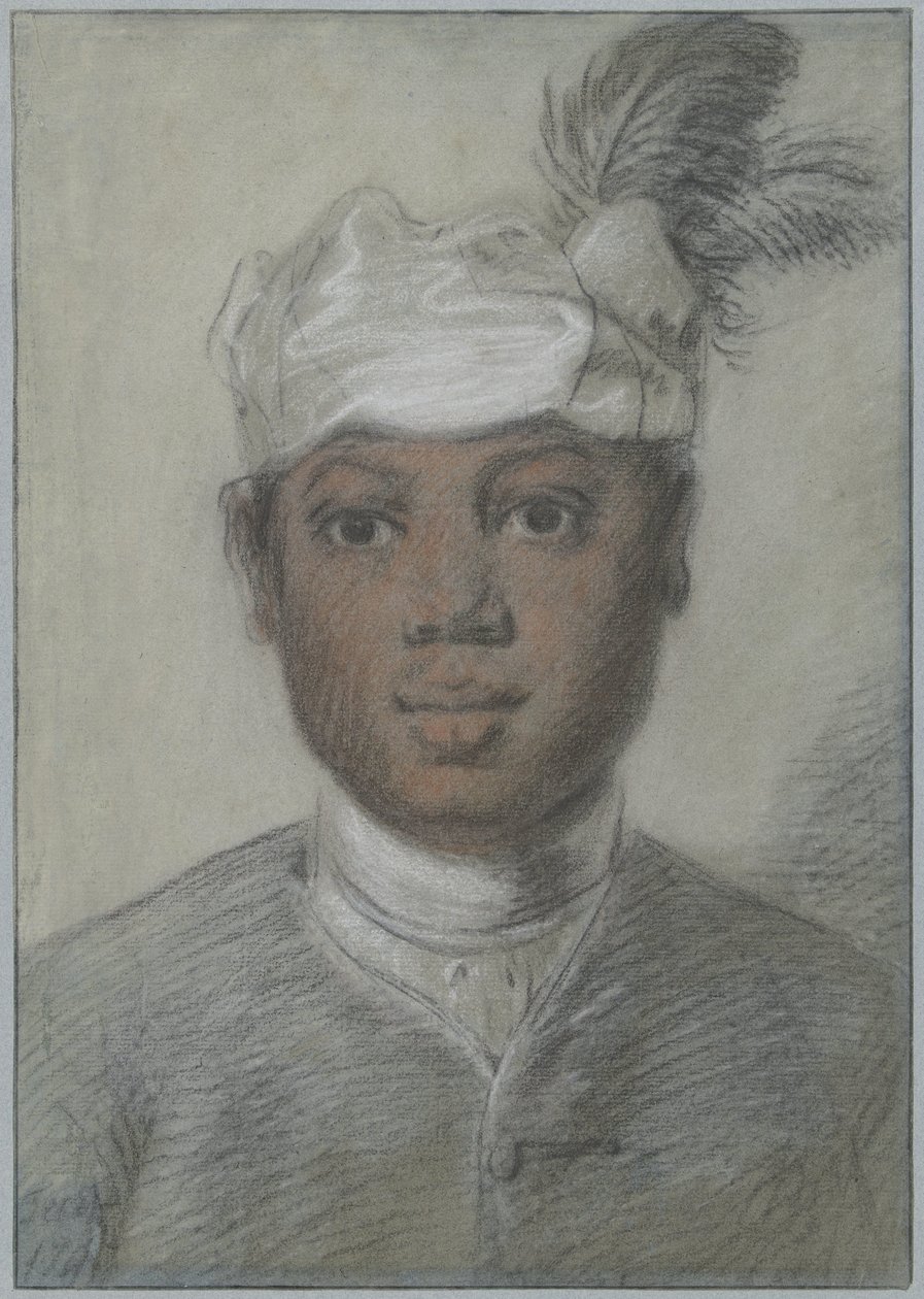 Hoofd van een zwarte jongeman met tulband met veren door Cornelis Troost