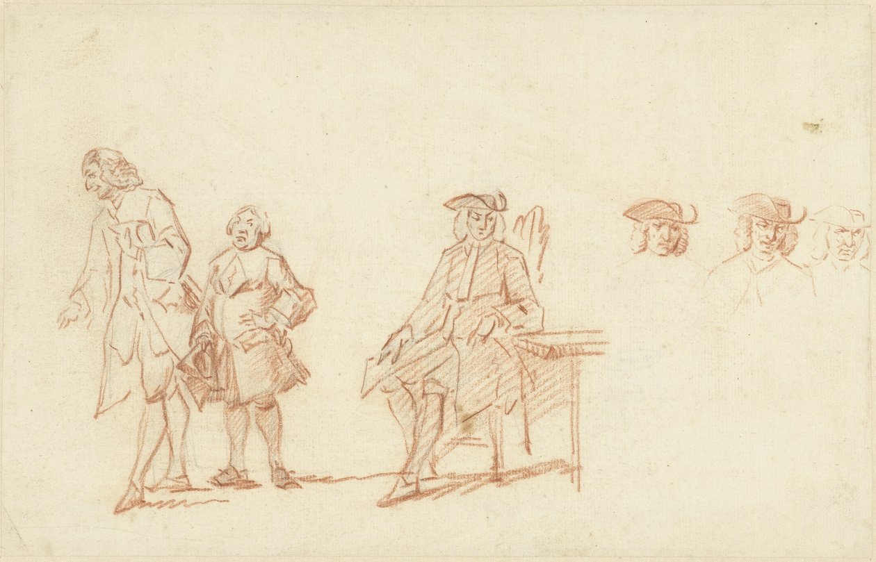 Studieblad met twee staande mannen en een zittende man, wiens hoofd driemaal herhaald is door Cornelis Troost