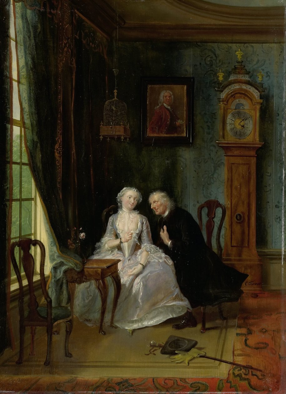 Ongepaste liefde, misschien een scène van de weduwnaar Joost met Lucia, 2e scène uit het toneelstuk De wanhebbelijke liefde van CJ van der Lijn door Cornelis Troost