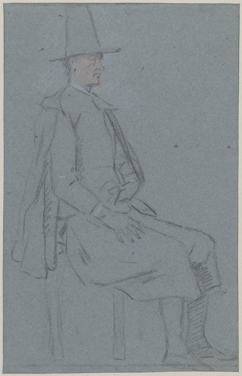 Zittende kwaker, profiel naar rechts, met een hand op de dij door Cornelis Troost