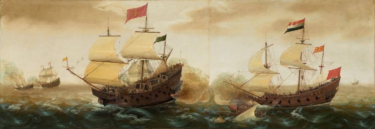 Een zeeslag tussen Nederlandse en Spaanse oorlogsschepen door Cornelis Verbeeck