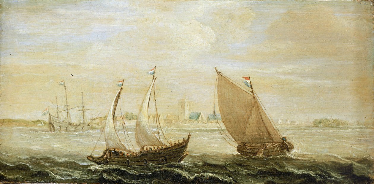 Een jacht en een klein Nederlands zeilschip, voor de kust van een haven in de Zuiderzee, met uitzicht op de stad aan de horizon en zandduinen aan de rechterkant door Cornelis Verbeeck