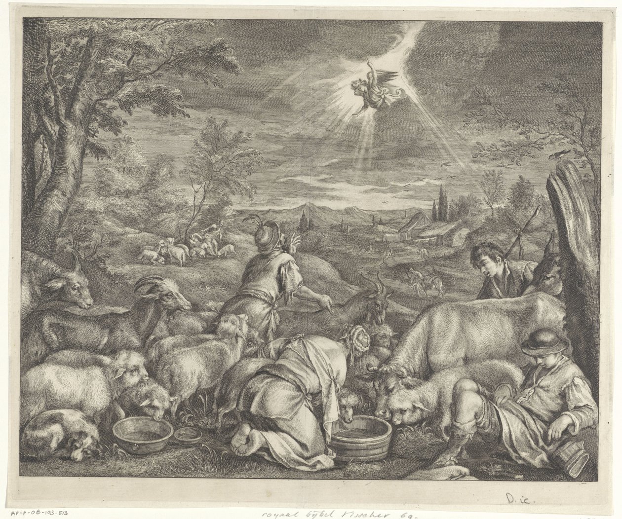 Abraham vertrekt naar Sichem / Verkondiging aan de herders door Cornelis Visscher (II)