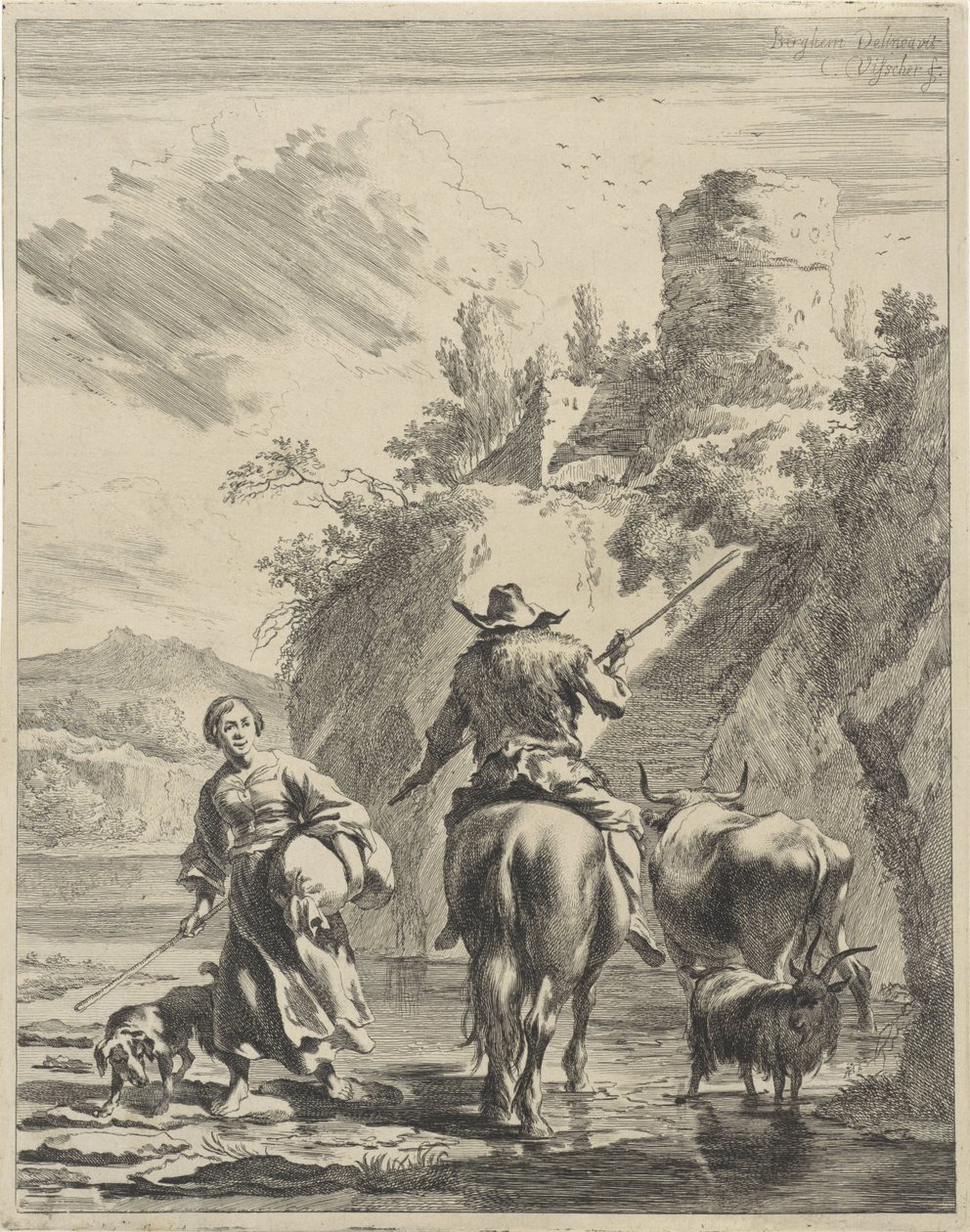 Herder en herderin bij een fort door Cornelis Visscher (II)