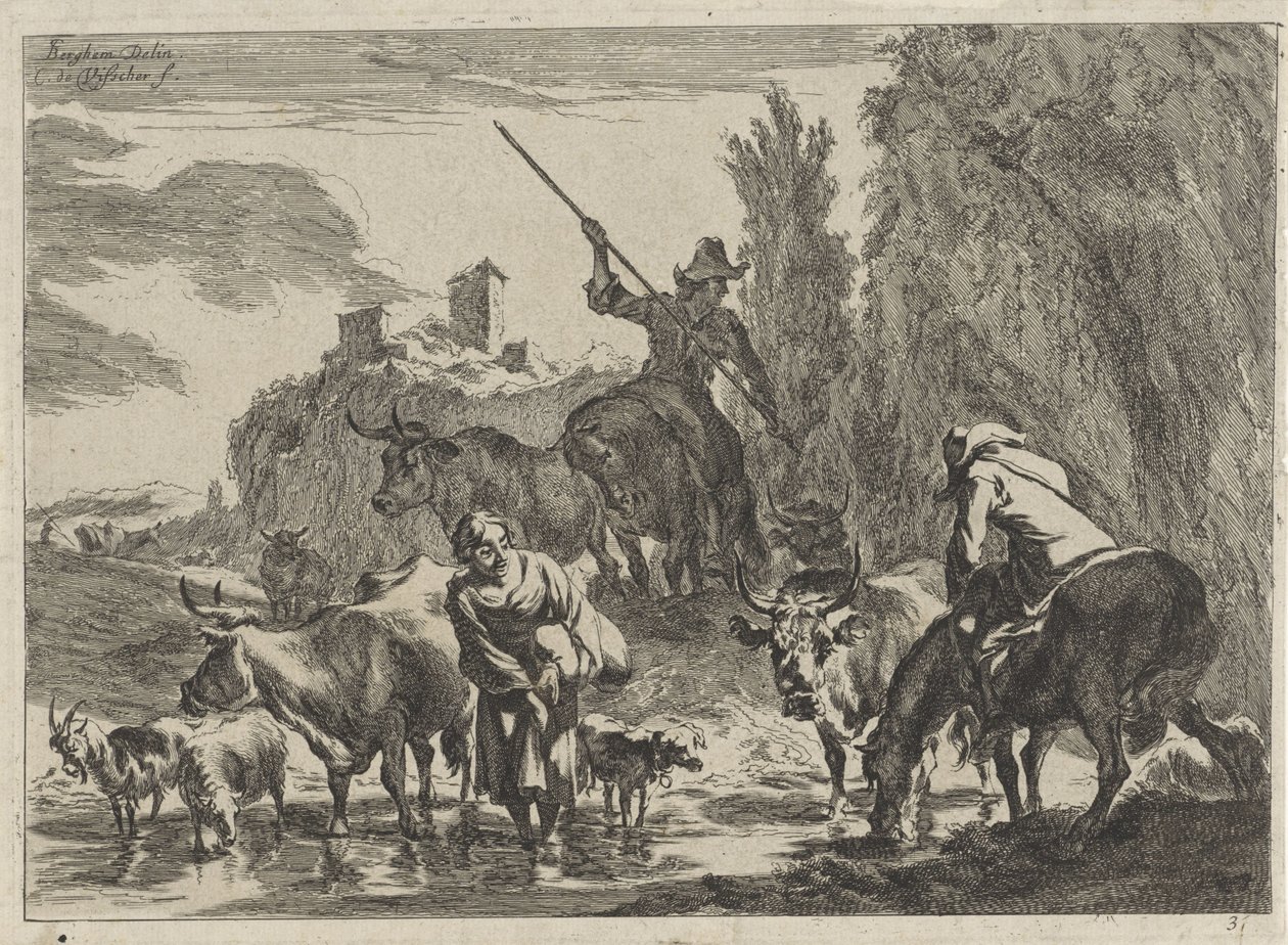Herders met vee doorwaden een beek door Cornelis Visscher (II)