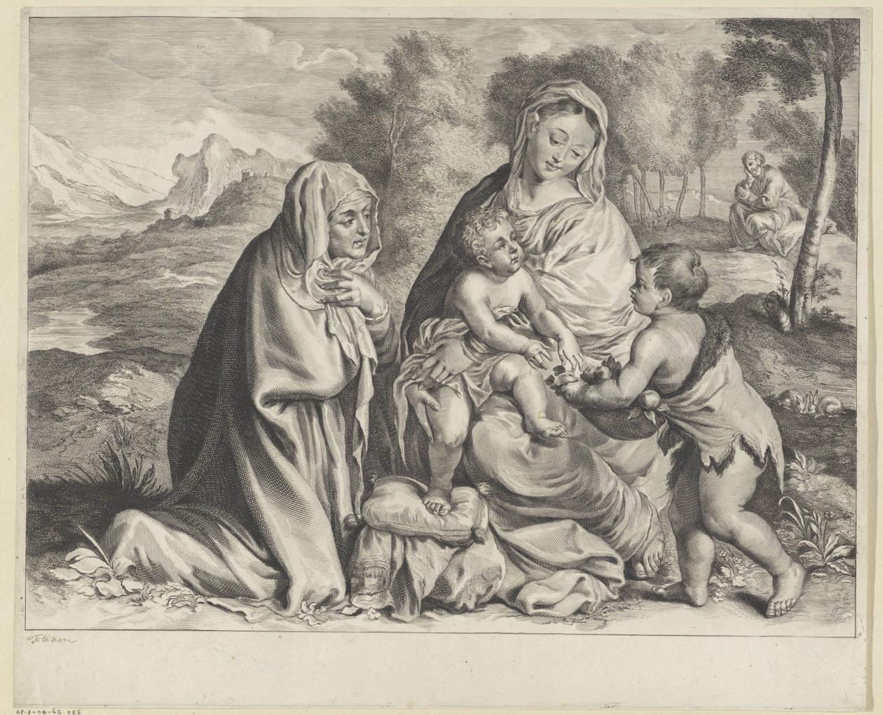 Landschap met de Heilige Familie, Johannes de Doper en Elisabet door Cornelis Visscher (II)