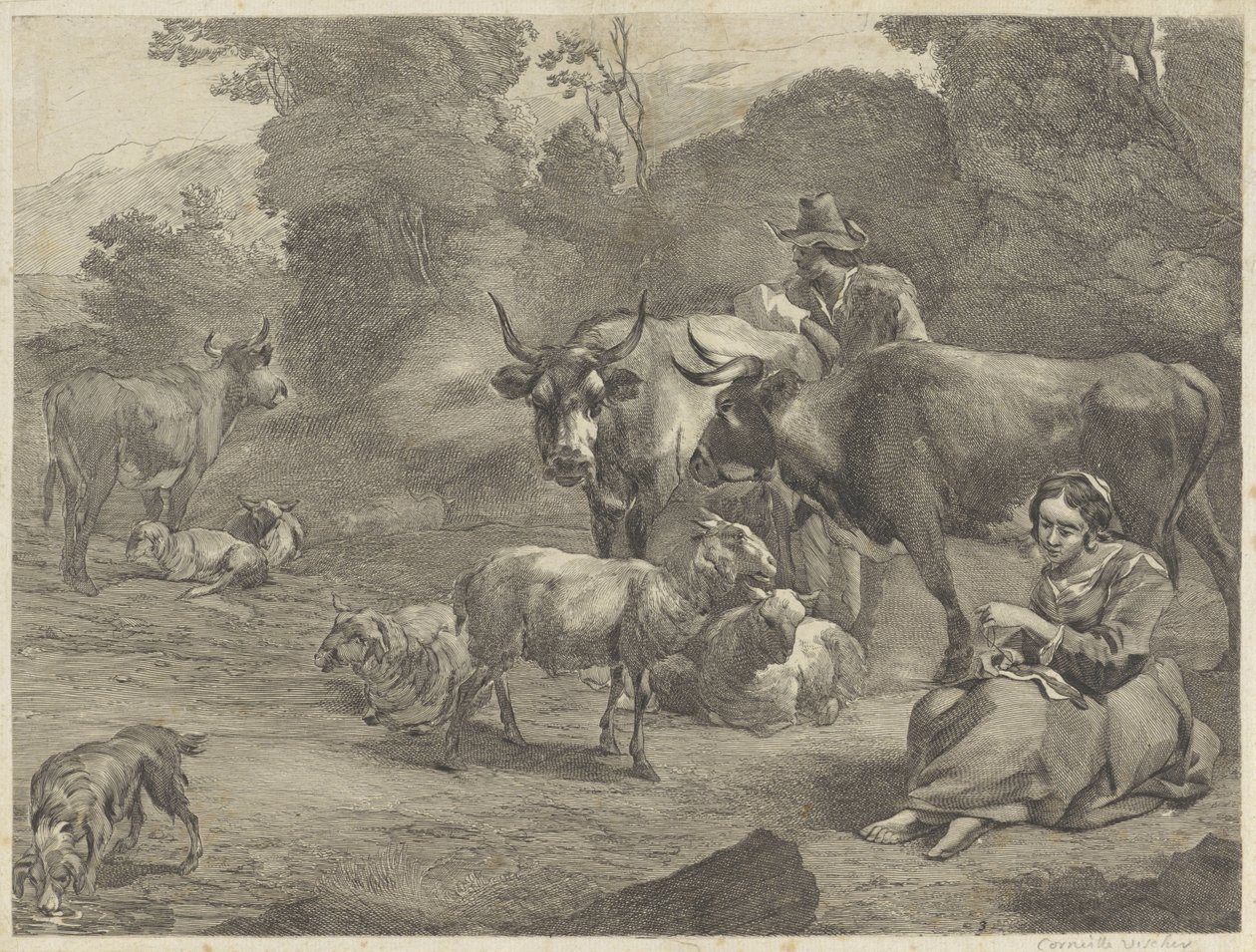 Landschap met een herder en een naaiende herderin door Cornelis Visscher (II)