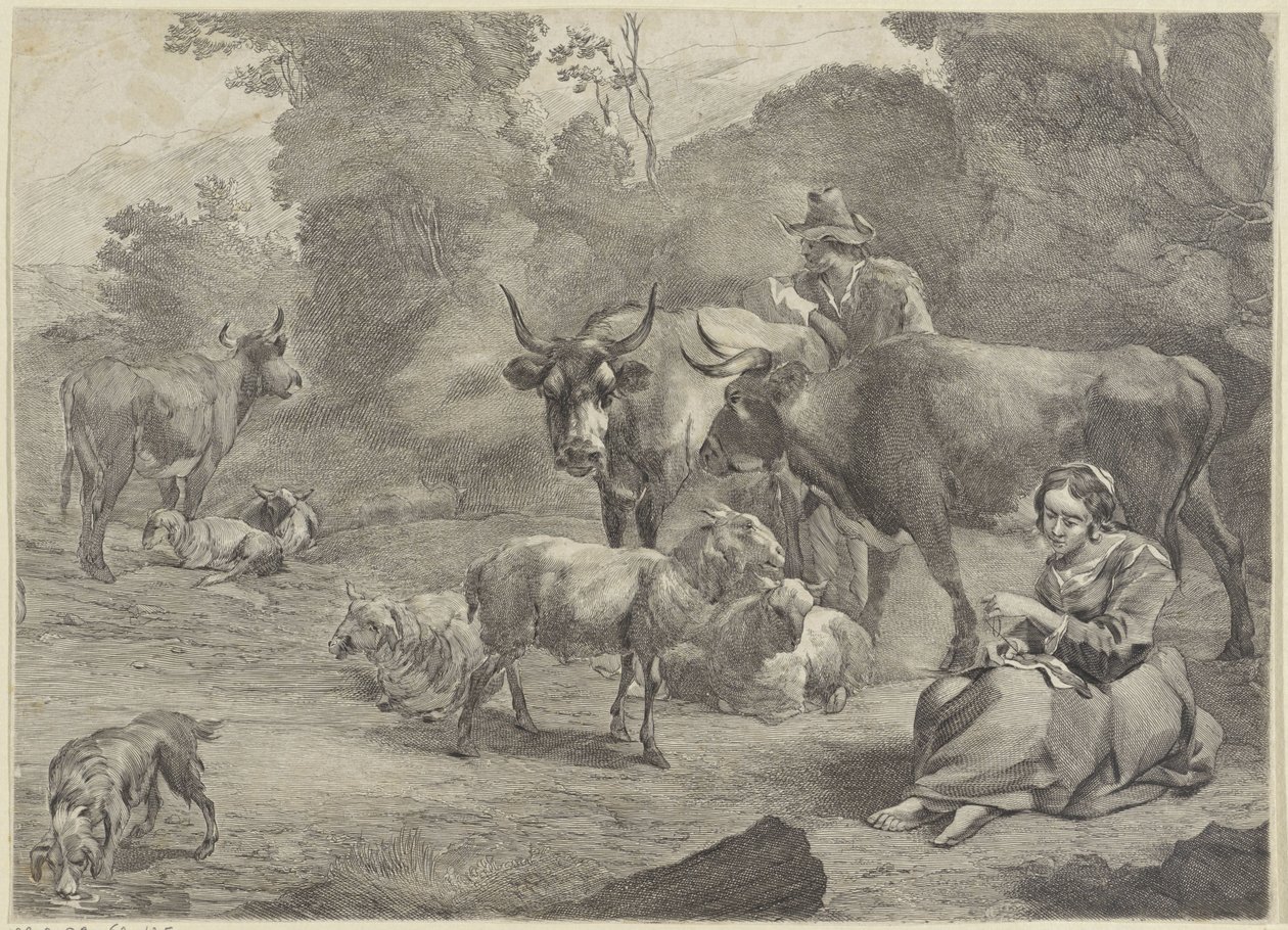 Landschap met een herder en een naaiende herderin door Cornelis Visscher (II)