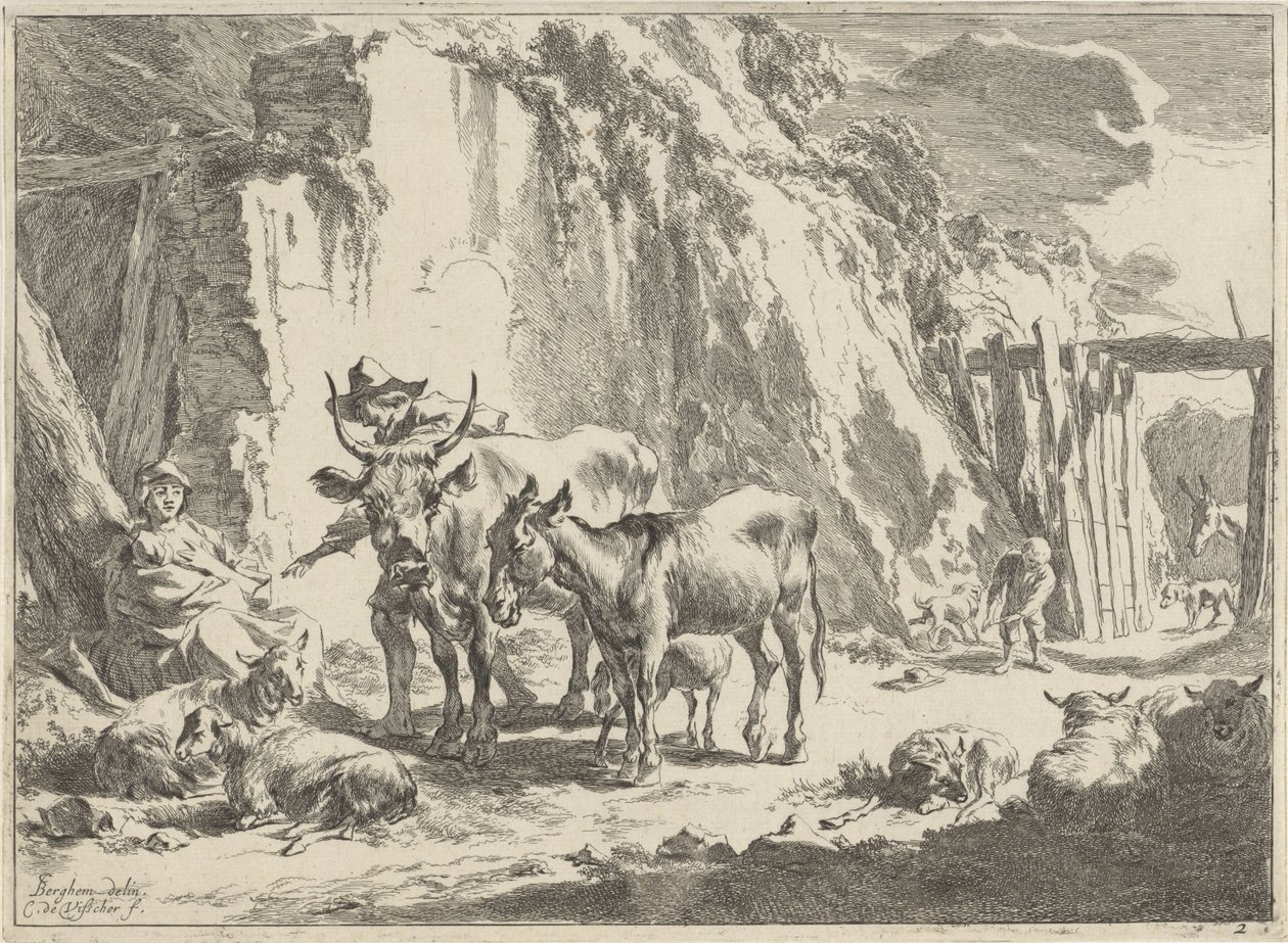 Landschap met vrouw die haar kind voedt door Cornelis Visscher (II)