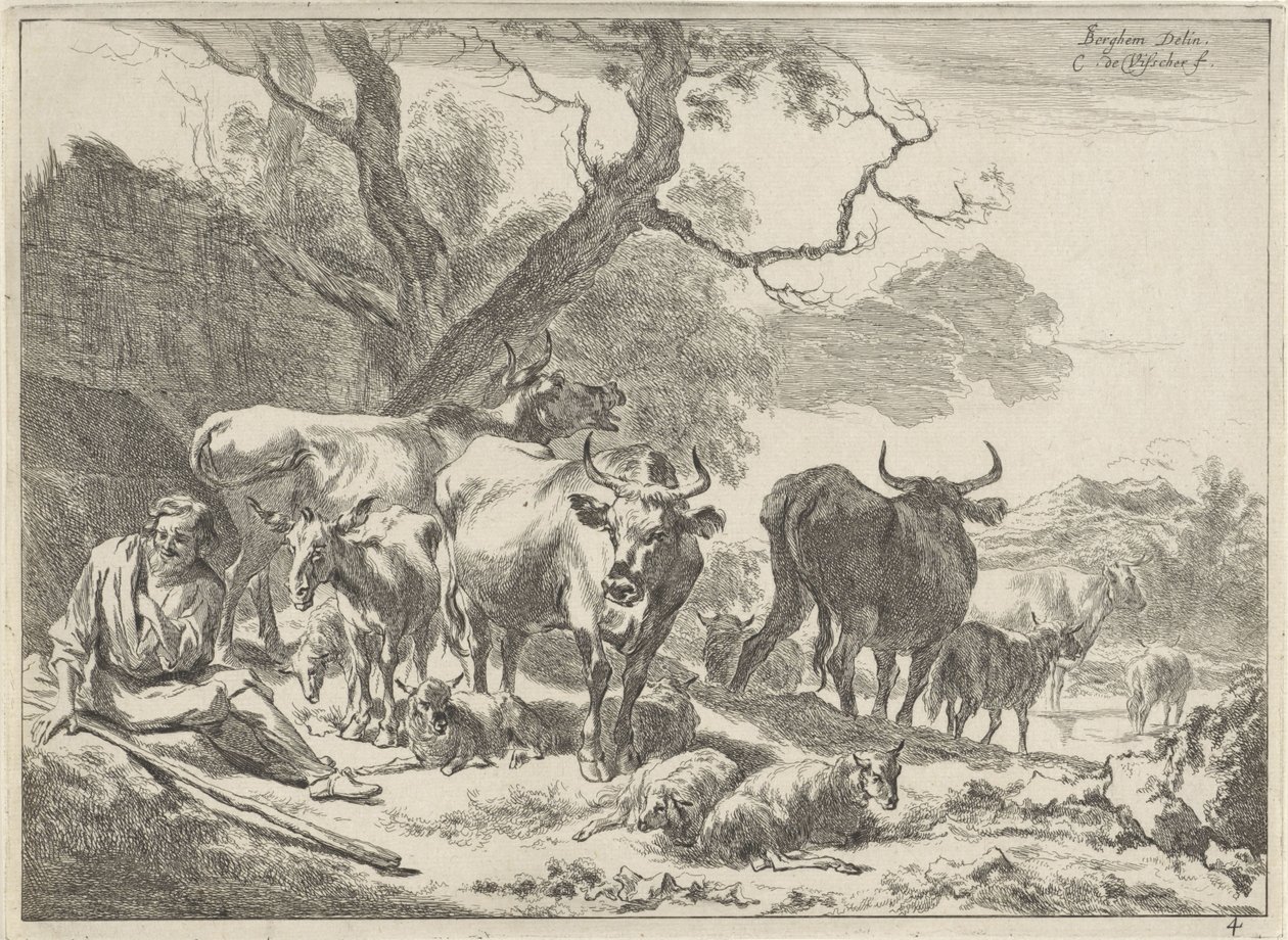 Rustende oude herder met zijn kudde door Cornelis Visscher (II)